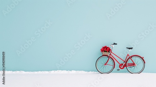 Bright red vintage bicycle against a pastel blue wall, wicker basket filled with red flowers, minimalistic and modern decor, winter or holiday theme, copy space for text or festive design.

 photo