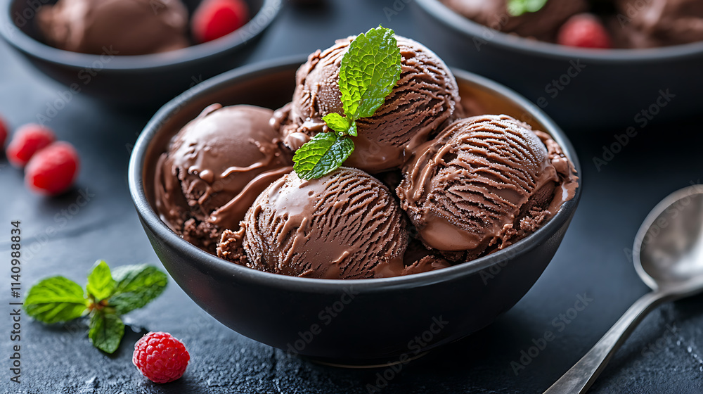 Scooping chocolate ice cream close up shot, shallow focus with dark background and movement Scooping chocolate ice cream close up shot, shallow focus with dark background and movement