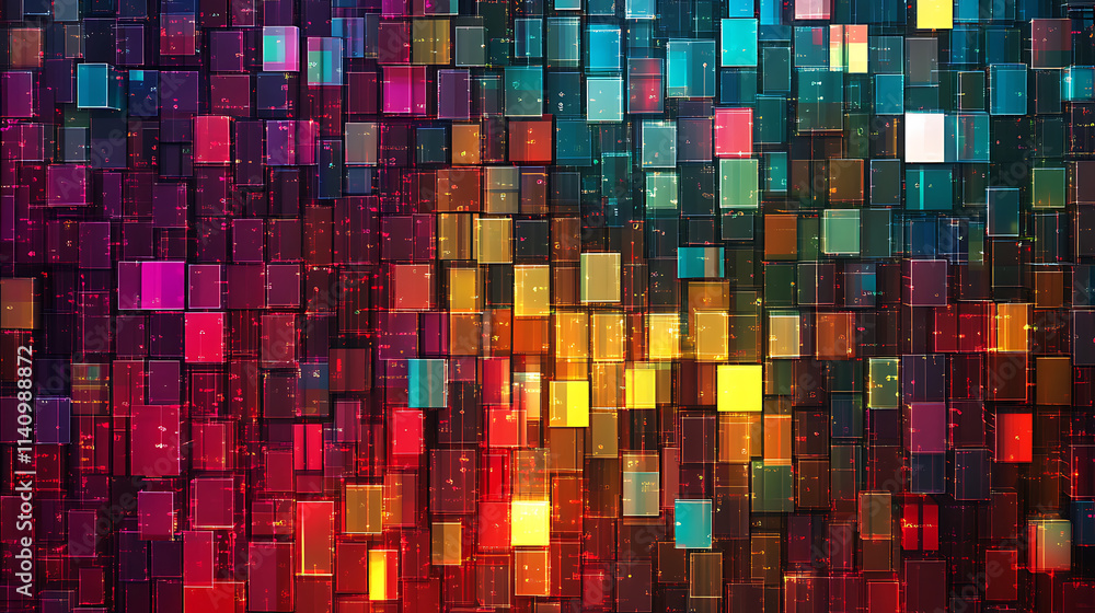Fototapeta premium Vibrant wall of colorful glowing code bits blocks technology background