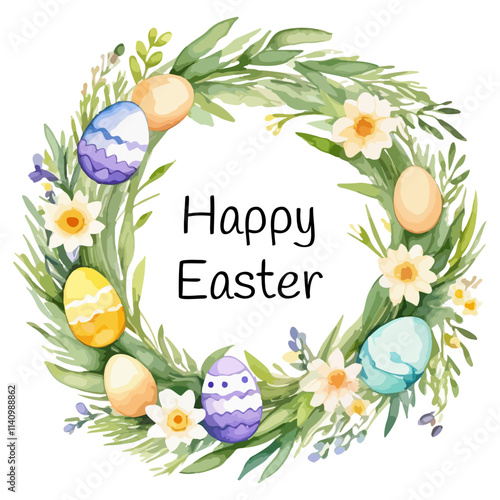 Happy Easter! Watercolor hand drawn painting of a easter wreath with colorful eggs and spring flowers. Vector illustration isolated on white background.