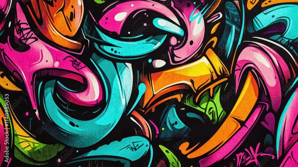 A vibrant display of graffiti artistry on a contrasting dark backdrop. A vibrant display of graffiti artistry on a contrasting dark backdrop.
