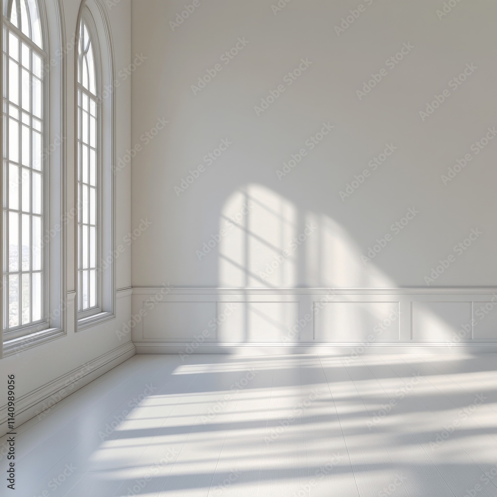 Obraz premium Bright modern interior with large windows showcasing natural light and shadows in a minimalist space