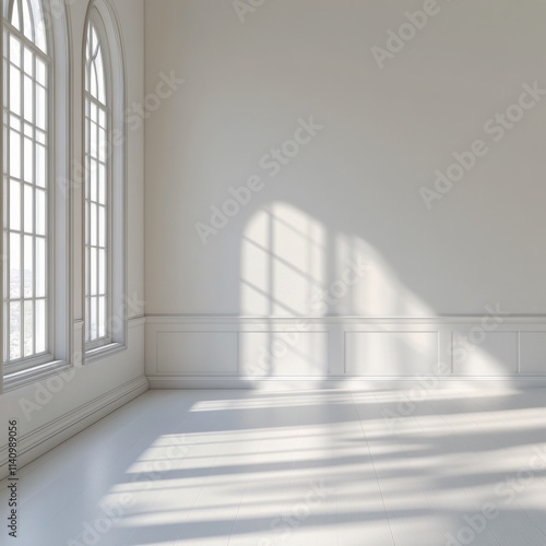 Bright modern interior with large windows showcasing natural light and shadows in a minimalist space