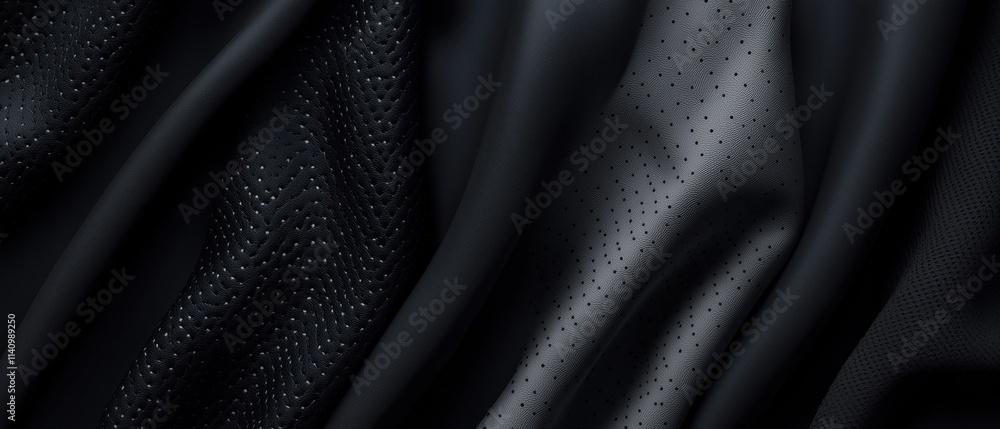 Obraz premium Close-up of a black fabric with a textured pattern. the fabric appears to be made of a shiny, shiny material and has a smooth, shiny texture.