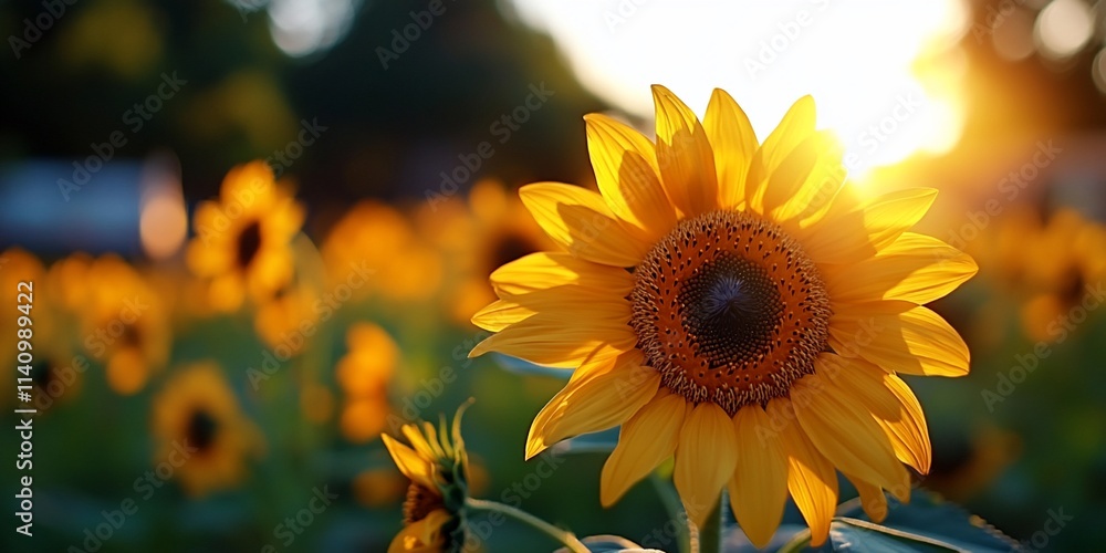 Fototapeta premium Vibrant sunflower in a field at sunset.