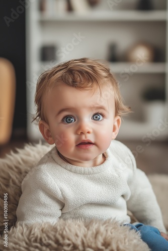 A cute baby with striking blue eyes sits softly on a cozy surface.