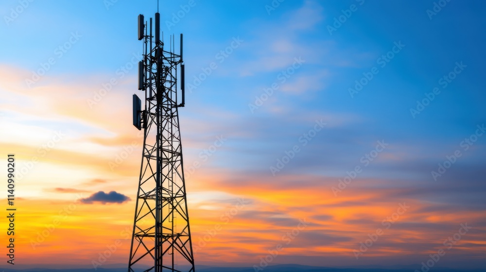 Sunset View of a Cellular Tower with Beautiful Sky Colors and Cloud Patterns in Background Sunset View of a Cellular Tower with Beautiful Sky Colors and Cloud Patterns in Background