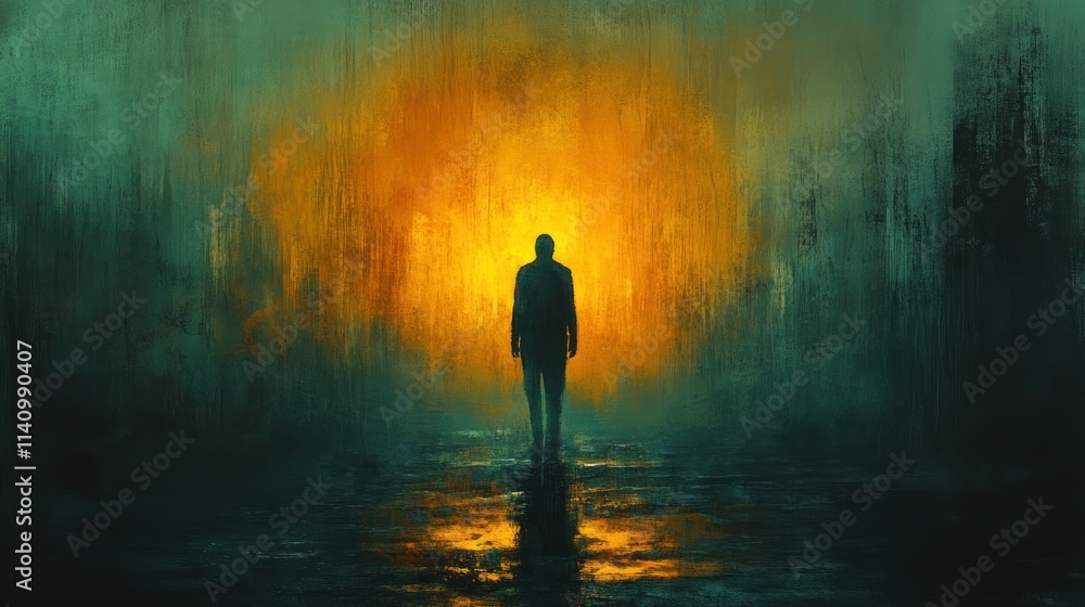 Silhouette walks toward bright, mysterious light. Silhouette walks toward bright, mysterious light.