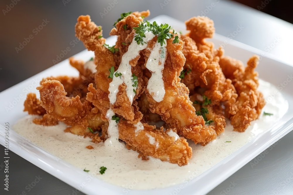 a plate of fried chicken with sauce and parise a plate of fried chicken with sauce and parise