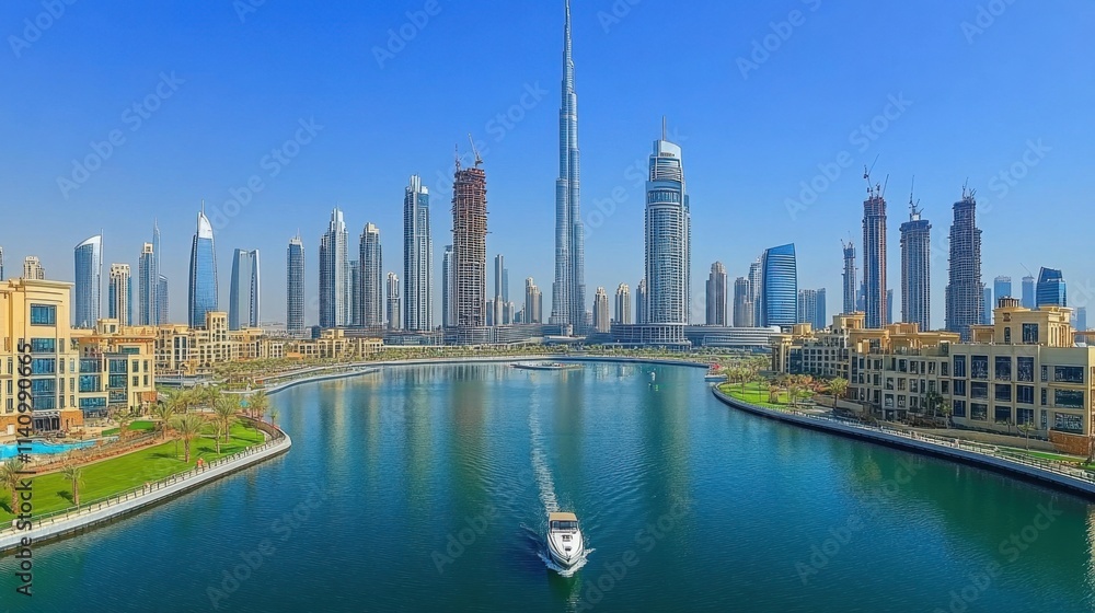 Fototapeta premium A breathtaking skyline of Dubai featuring innovative skyscrapers and waterways.