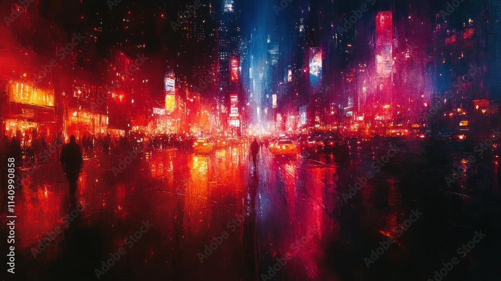 Fototapeta premium Rainy night, city street, vibrant lights, blurred figures.