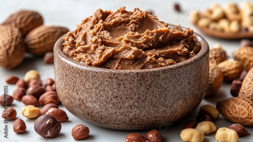 Smooth and Creamy Nut Butter in a Rustic Bowl Surrounded by a Variety of Nuts on a Light Background for Healthy Eating and Cooking Concepts