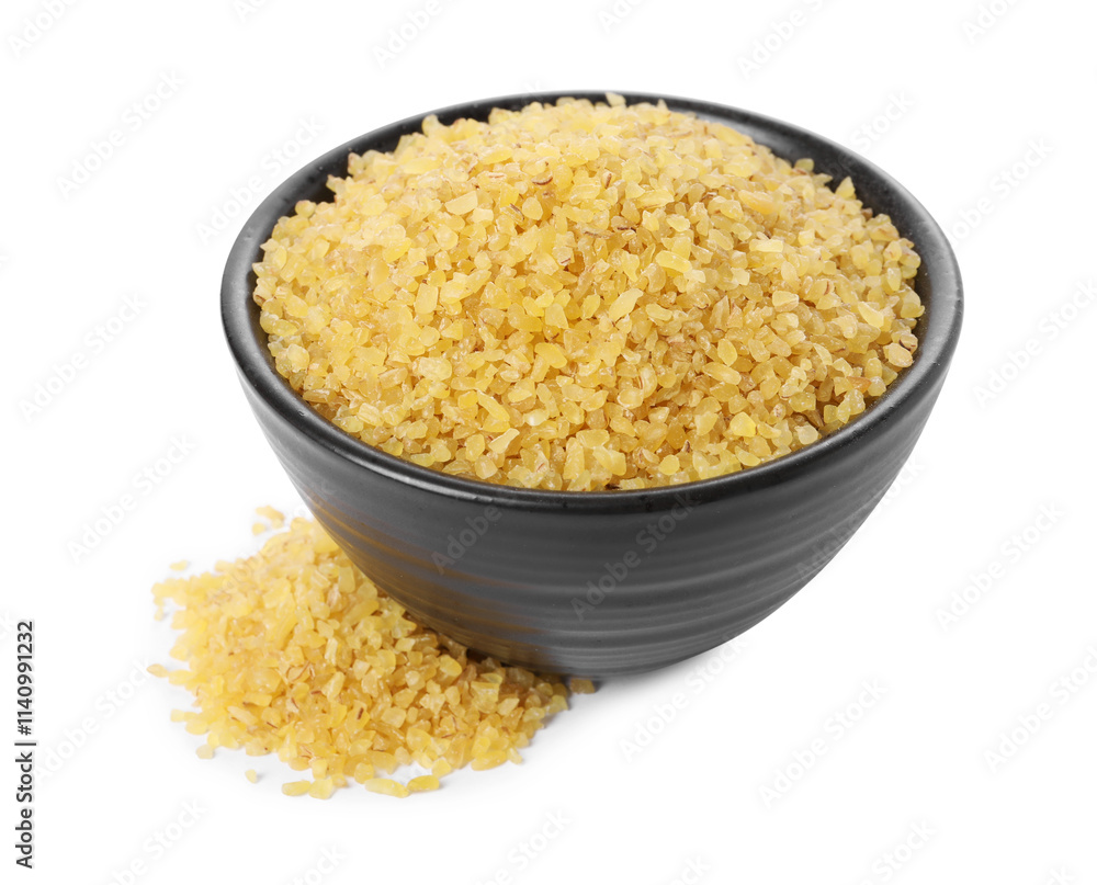 Raw bulgur in bowl isolated on white Raw bulgur in bowl isolated on white