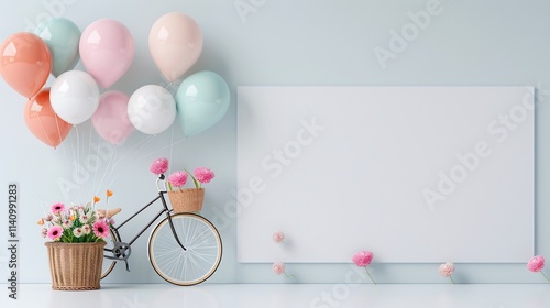 Festive balloons in pastel colors, white blank canvas leaning against a blue wall, bicycle with pink and white flowers in a basket, decorative and cheerful setting, copy space for text or artwork, photo