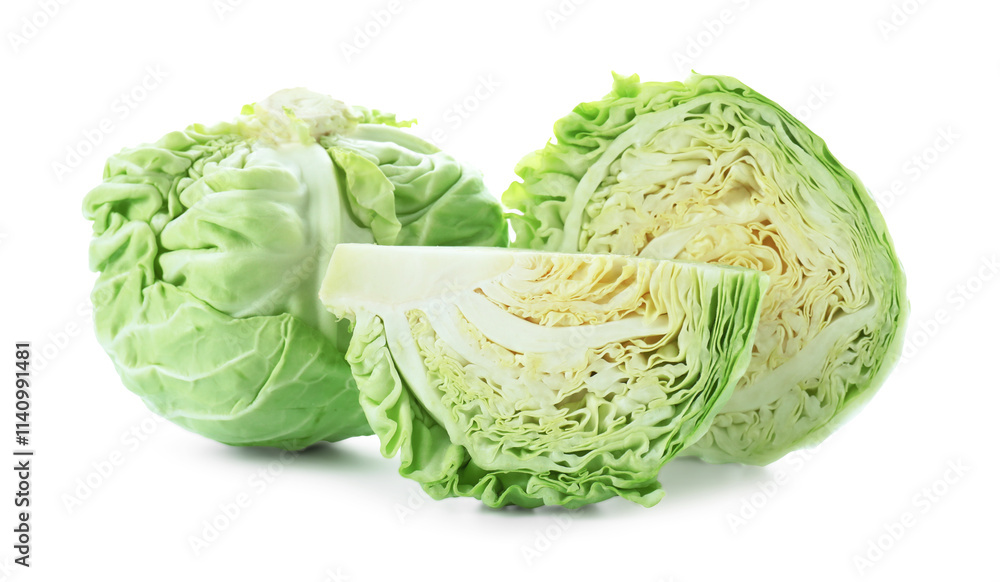 Whole and cut cabbages isolated on white Whole and cut cabbages isolated on white