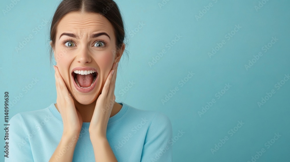 Excited young woman expressing surprise and joy with hands on face against a blue background Excited young woman expressing surprise and joy with hands on face against a blue background