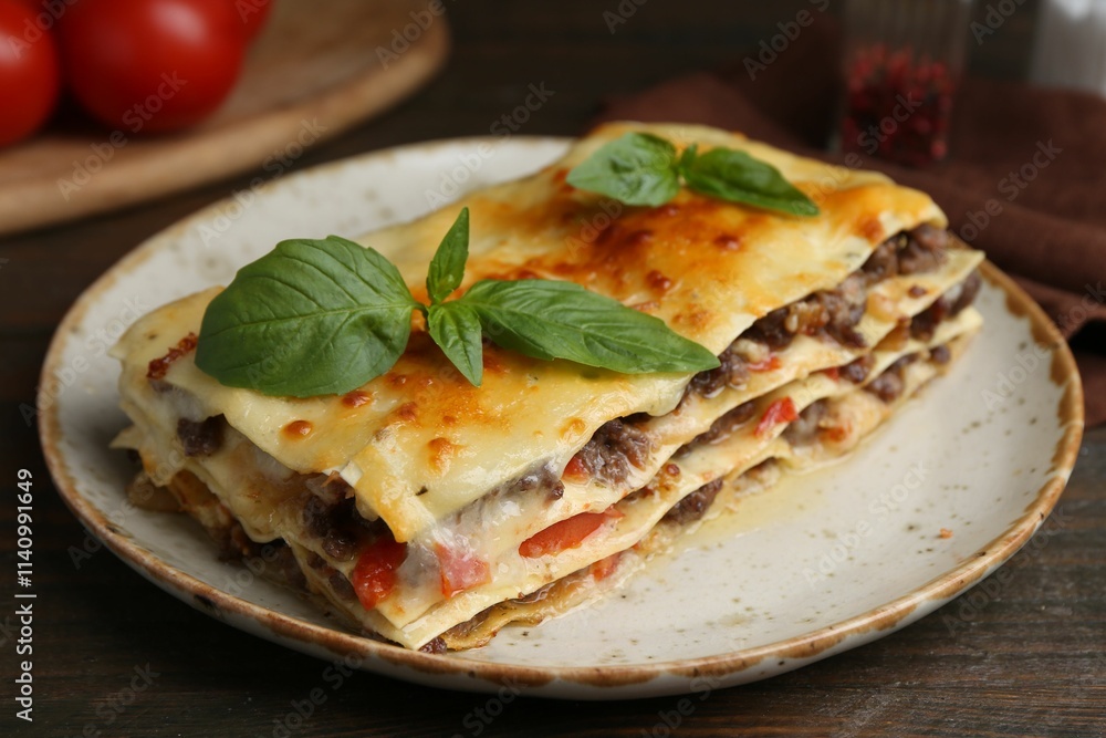 Delicious cooked lasagna with basil on wooden table, closeup Delicious cooked lasagna with basil on wooden table, closeup