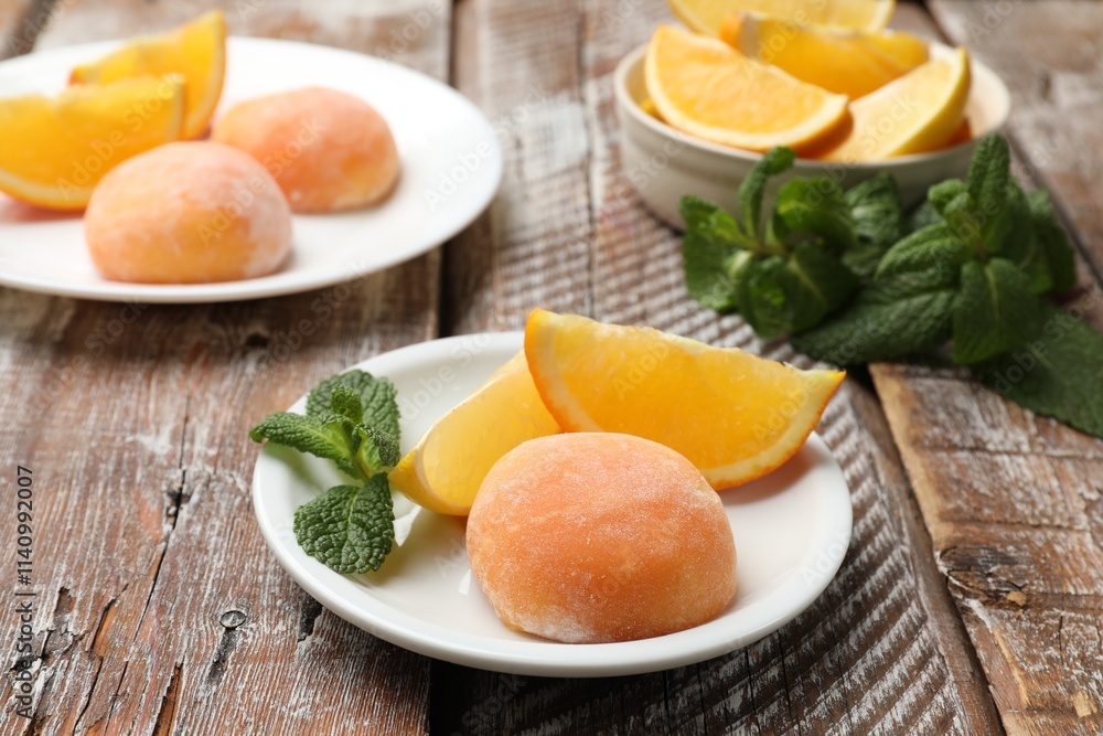 Plate with tasty mochi, cut orange and mint on wooden table, closeup Plate with tasty mochi, cut orange and mint on wooden table, closeup