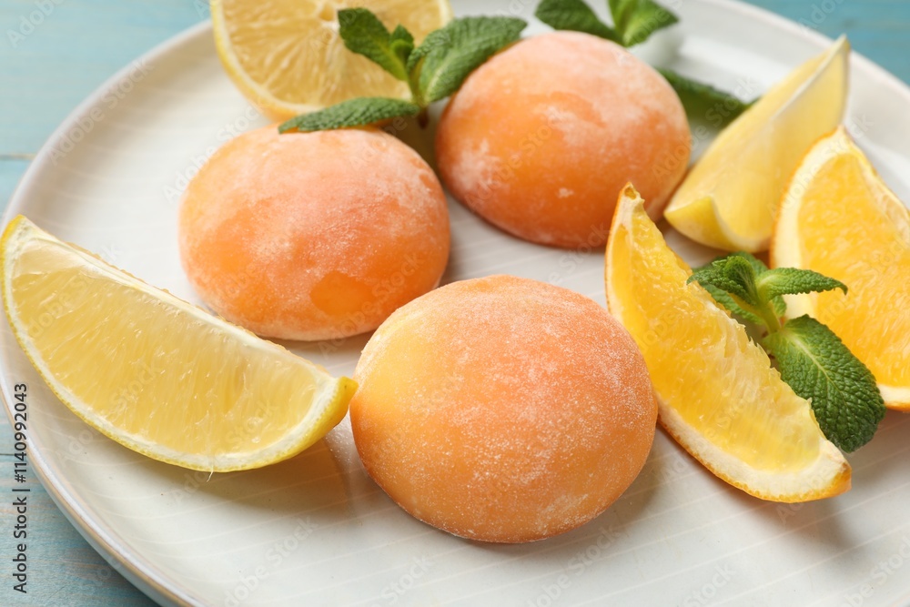 Plate with tasty mochi, cut orange, lemon and mint on light blue wooden table, closeup Plate with tasty mochi, cut orange, lemon and mint on light blue wooden table, closeup