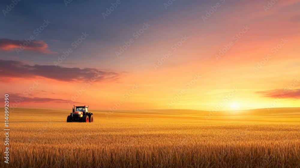 Vibrant Sunset Over Golden Wheat Field with Tractor in Distance, Agricultural Landscape at Dusk Vibrant Sunset Over Golden Wheat Field with Tractor in Distance, Agricultural Landscape at Dusk