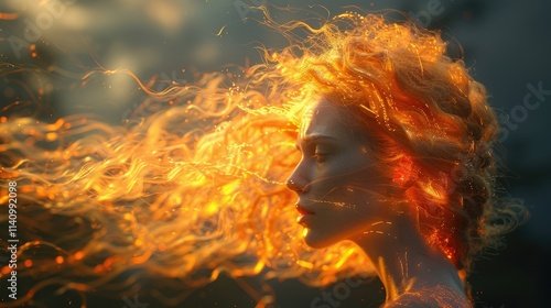 A profile of a woman with fiery, flowing hair illuminated by warm light.