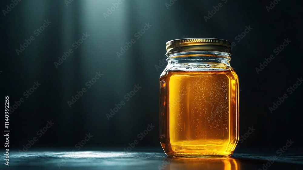 An isolated glass jar of golden honey showcases its sweet and healthy nutrition, delicious liquid product that is both a natural sweetener and a gourmet ingredient. An isolated glass jar of golden honey showcases its sweet and healthy nutrition, delicious liquid product that is both a natural sweetener and a gourmet ingredient.