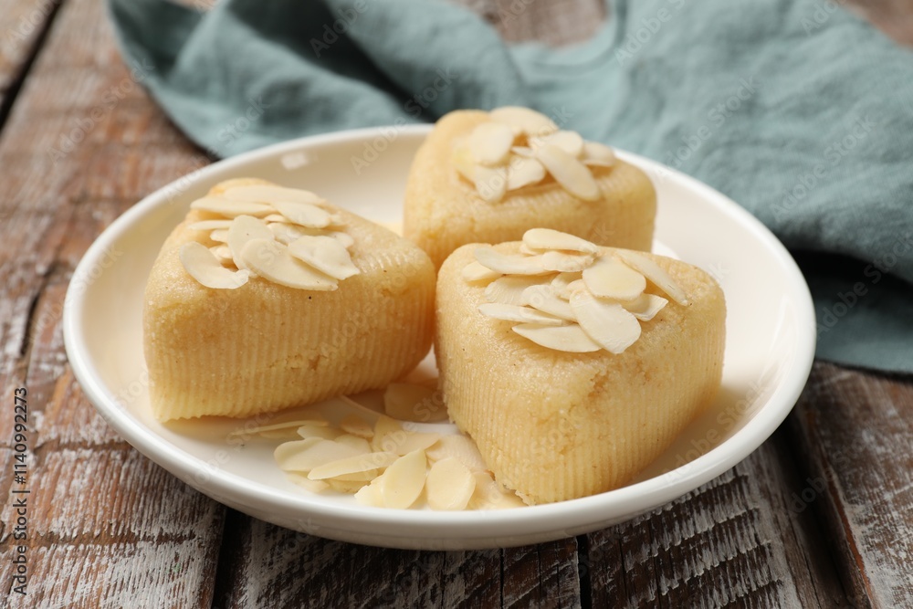 Pieces of delicious sweet semolina halva with almond flakes on wooden table, closeup Pieces of delicious sweet semolina halva with almond flakes on wooden table, closeup