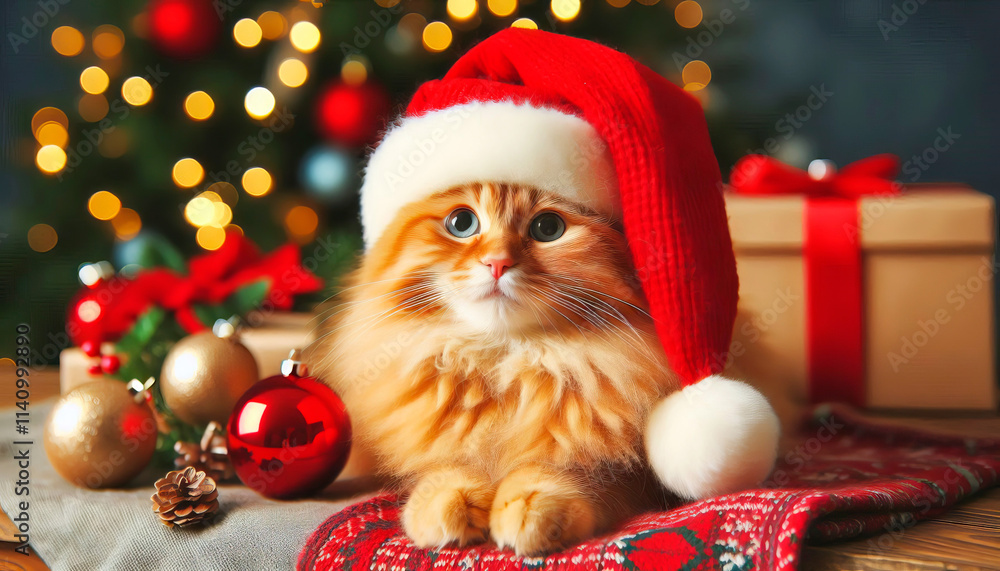 A cat wearing a Santa hat is sitting on a red blanket A cat wearing a Santa hat is sitting on a red blanket