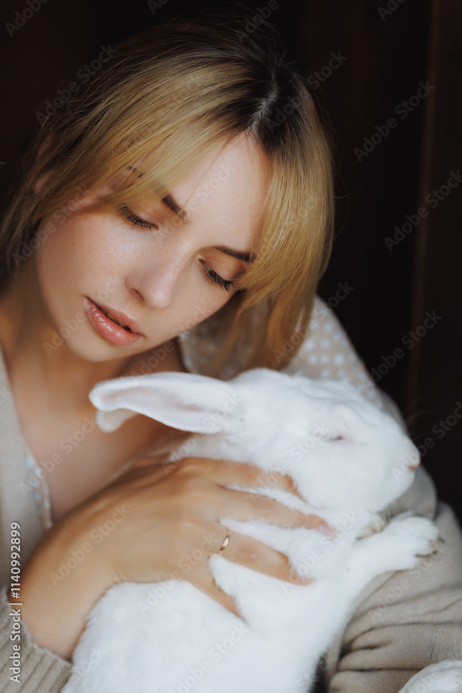 Country woman standing near old wooden house with white rabbit in her arms. Fashionable village girl with beige dress in garden in spring. Country woman standing near old wooden house with white rabbit in her arms. Fashionable village girl with beige dress in garden in spring.
