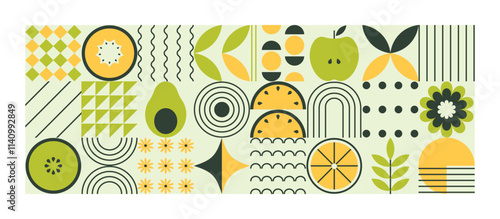 Modern abstract geometric background. Mosaic eco-friendly minimalistic vector. Organic pattern flat style. Fresh yellow-green conceptual collage. Natural simple horizontal illustration whit fruits.