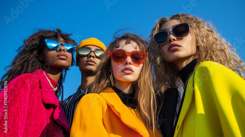 Four fashion models wearing colorful sunglasses and clothing pose together under a clear blue sky