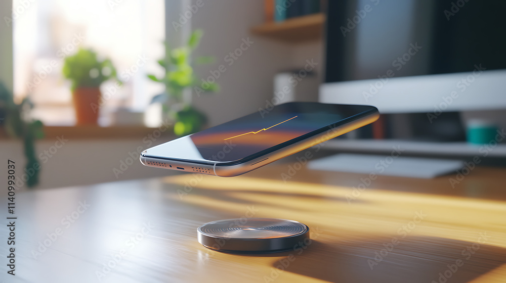 Smartphone levitating above a wireless charger with visible electrical current, demonstrating modern technology in a sleek, home office environment Smartphone levitating above a wireless charger with visible electrical current, demonstrating modern technology in a sleek, home office environment