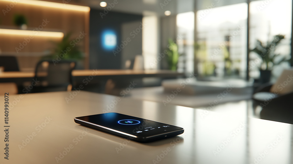 Smartphone with charge indication screen placed on a wireless charging pad in a well-lit, contemporary office setting Smartphone with charge indication screen placed on a wireless charging pad in a well-lit, contemporary office setting