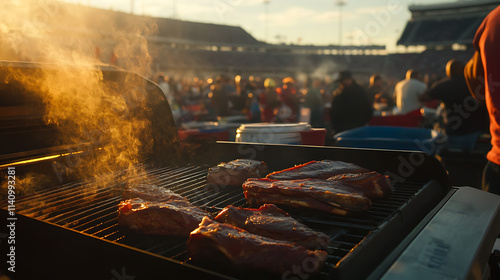 Fototapeta Naklejka Na Ścianę i Meble -  Smoking hot tailgating: juicy steaks and ribs on the grill at a packed stadium parking lot