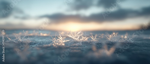 Close-up of a frozen landscape with a beautiful sunrise or sunset in the background. the sky is a mix of blue and orange hues, with the sun partially visible in the top right corner.