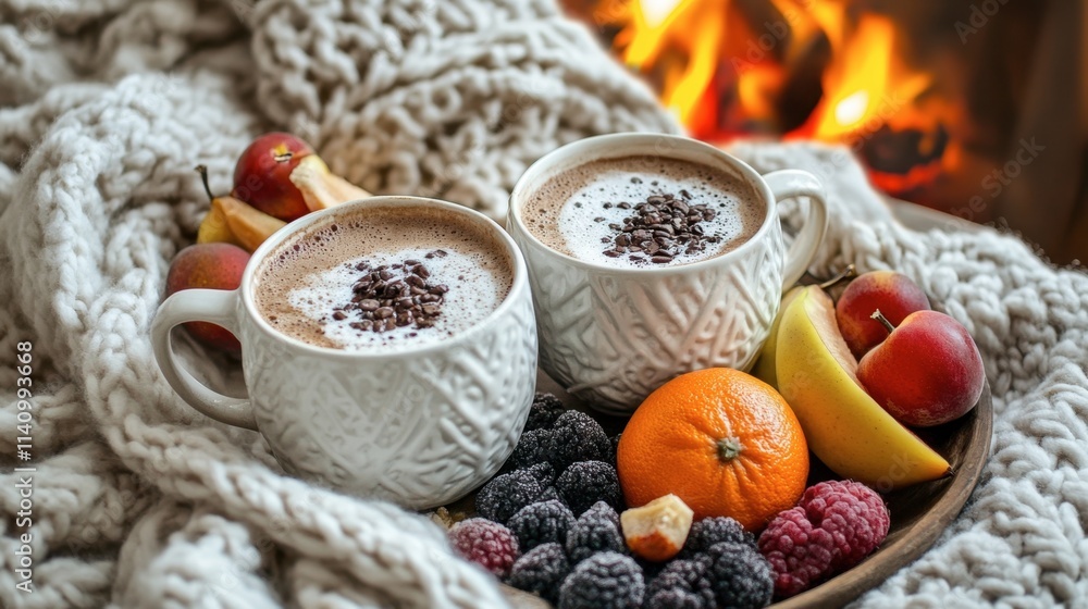 Cozy Hot Chocolate with Fresh Fruits by a Warm Fireplace Cozy Hot Chocolate with Fresh Fruits by a Warm Fireplace