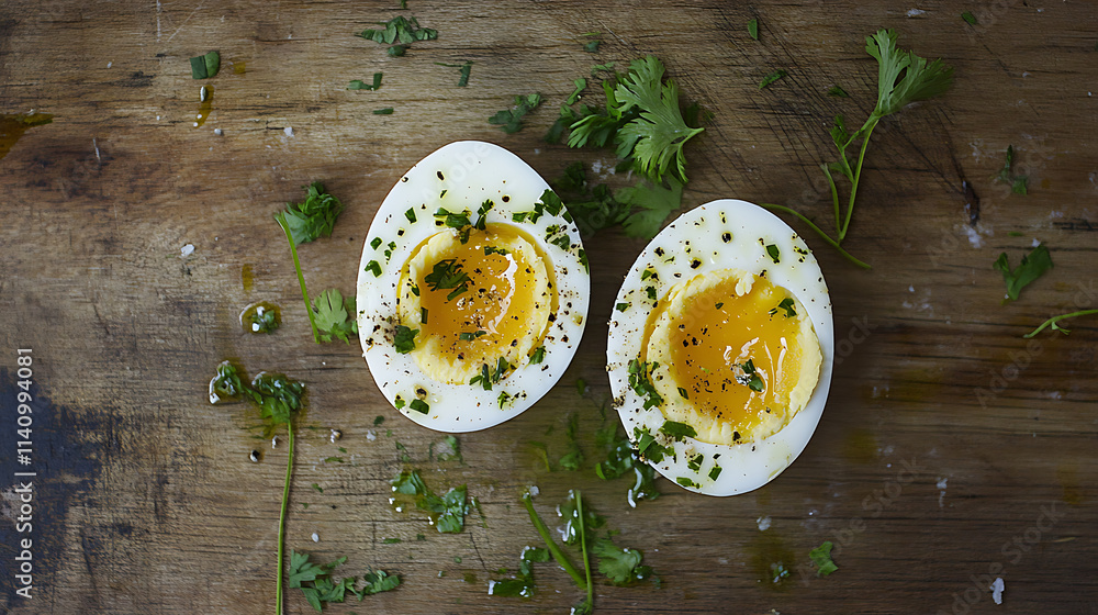 Soft-boiled eggs cut in half garnished with fresh herbs on a wooden surface Soft-boiled eggs cut in half garnished with fresh herbs on a wooden surface