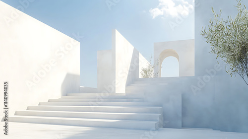White minimalist architecture with steps and open sky creating a serene and clean environment