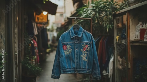 Vintage Denim Jacket Displayed in Artistic Urban Alleyway Setting