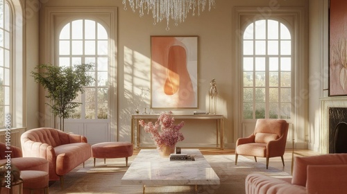 Elegant Modern Living Room with Soft Pastel Decor and Natural Light