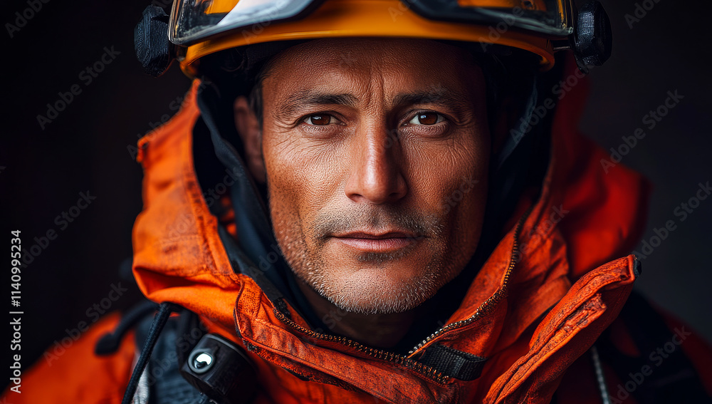 A man in an orange jacket and helmet is looking at the camera. He is a firefighter A man in an orange jacket and helmet is looking at the camera. He is a firefighter