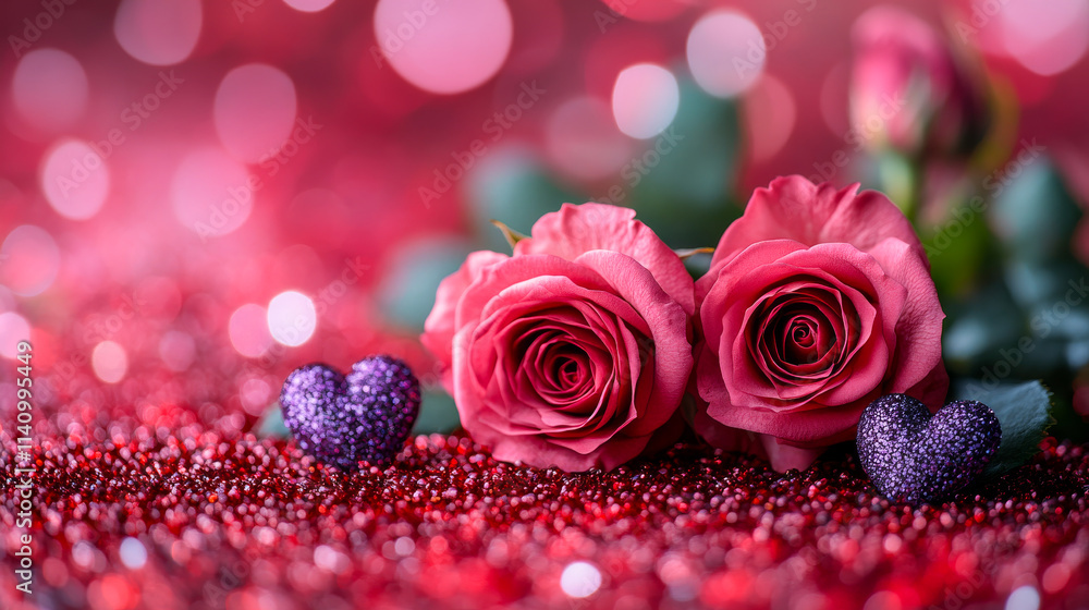 A pair of red roses are placed on a red background with glitter. The roses are surrounded by hearts, which adds a romantic touch to the scene. The glitter and the red color scheme create a warm A pair of red roses are placed on a red background with glitter. The roses are surrounded by hearts, which adds a romantic touch to the scene. The glitter and the red color scheme create a warm
