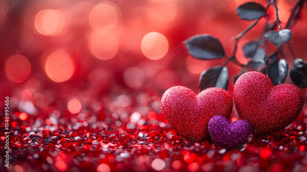 A red background with three hearts on it. The background is blurry and has a lot of sparkles A red background with three hearts on it. The background is blurry and has a lot of sparkles