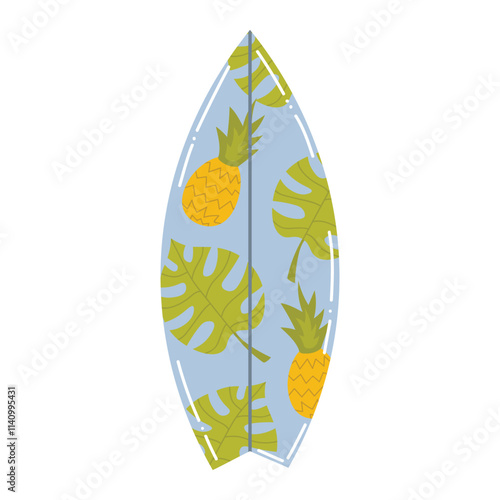 Canvas Print Cute cartoon surfing board with pineapple and Monstera leaves pattern in flat style