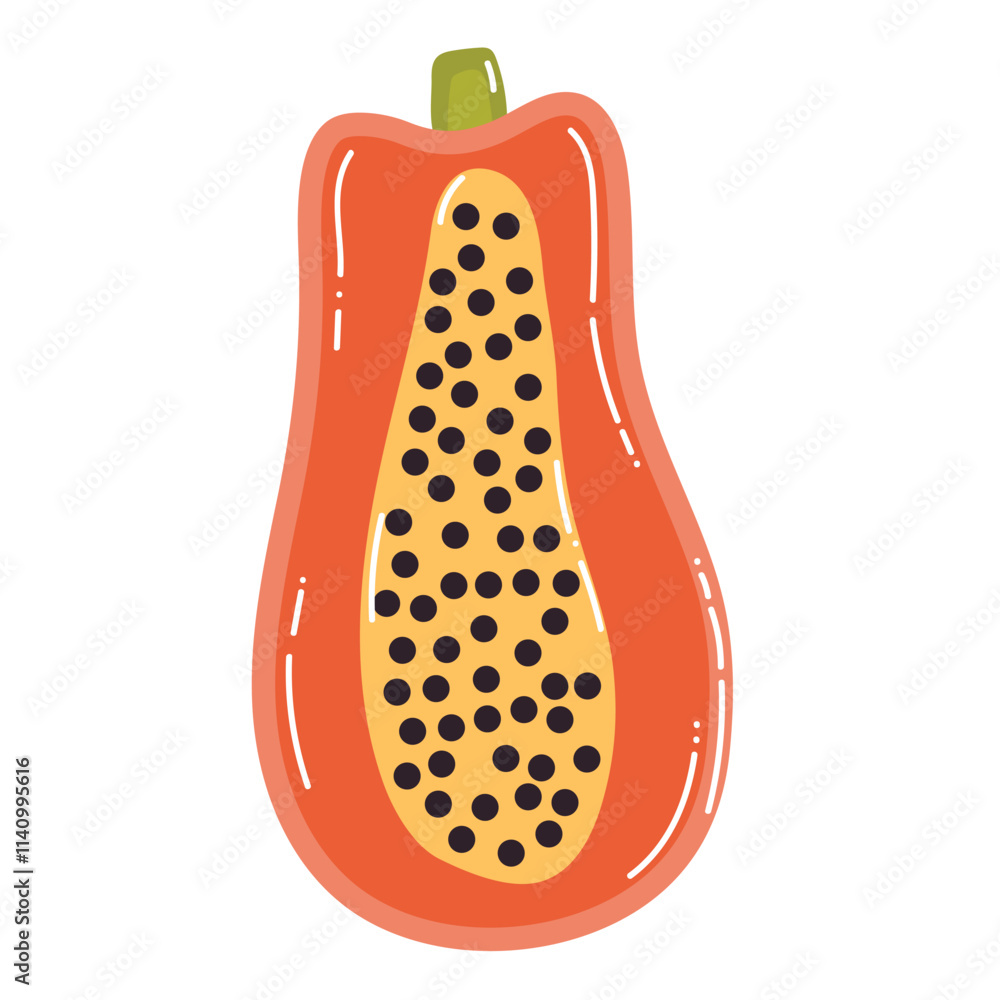 Cute cartoon half of ripe papaya in flat style. Tropical fruit isolated on white background. Cute cartoon half of ripe papaya in flat style. Tropical fruit isolated on white background.