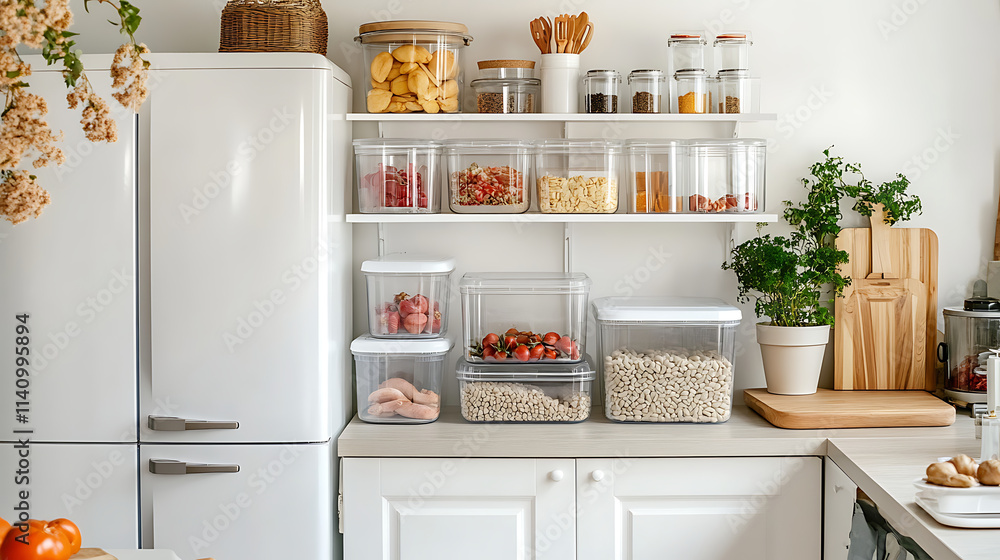 Stocked the food pantry in the kitchen, the arrangement and plastic container storage in a kitchen, modern white kitchen with white appliances, complete food storage in the kitchen pantry Stocked the food pantry in the kitchen, the arrangement and plastic container storage in a kitchen, modern white kitchen with white appliances, complete food storage in the kitchen pantry