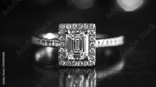 Elegant diamond ring with square cut stone and detailed band