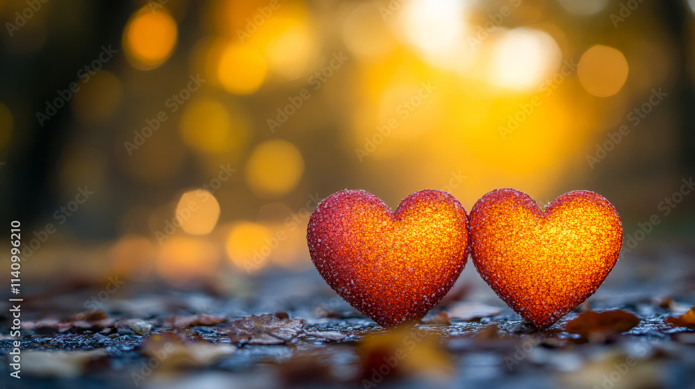 Fototapeta premium Two hearts are on a leaf covered ground. The hearts are orange and are placed close to each other
