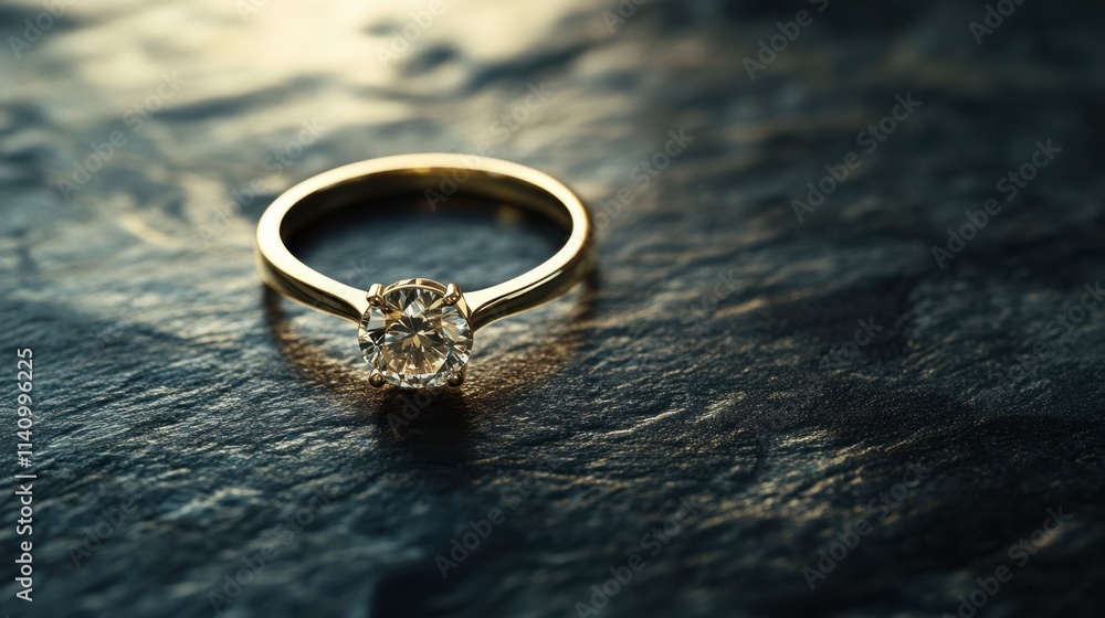 Elegant Gold Ring with Sparkling Diamond on Dark Stone Surface Elegant Gold Ring with Sparkling Diamond on Dark Stone Surface
