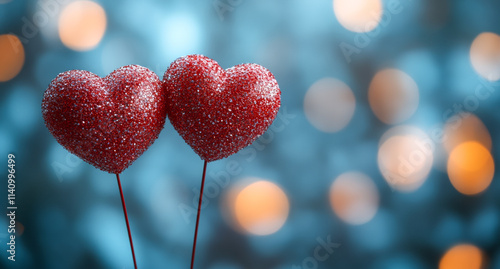 Two red hearts are on a blue background. The background is blurry and has a lot of light